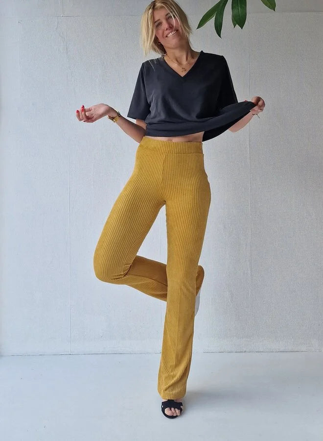 Extra lange, ausgestellte Leggings | gerippt, ockerfarben | für große Größen | Längen 34 und 36