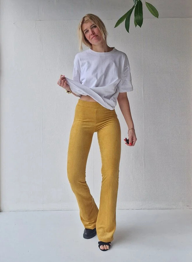 Extra lange, ausgestellte Leggings | gerippt, ockerfarben | für große Größen | Längen 34 und 36