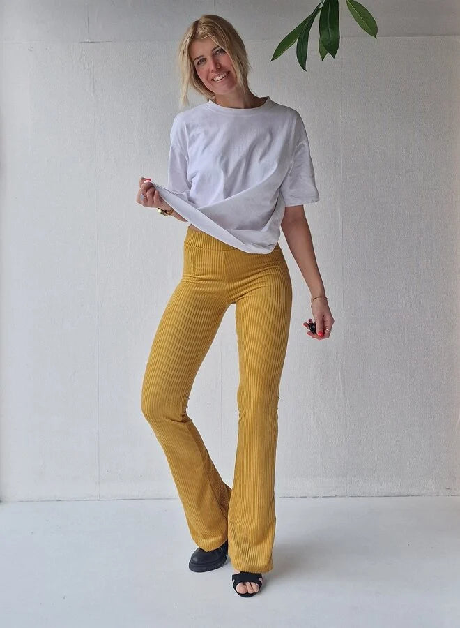 Extra lange, ausgestellte Leggings | gerippt, ockerfarben | für große Größen | Längen 34 und 36