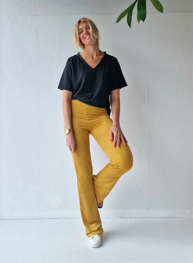 Extra lange, ausgestellte Leggings | gerippt, ockerfarben | für große Größen | Längen 34 und 36