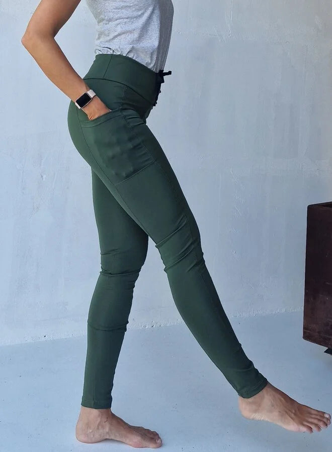 Extra lange Sportleggings | Seitentasche &amp; Kordelzug | Khaki | Lang | Längengrößen 34 und 36