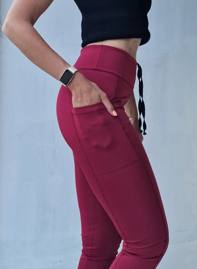 Extra lange Sportleggings | Steekzak &amp; Koordje | wijnrood | groß | Längenmaß 32, 34 und 36