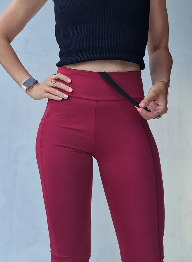 Extra lange Sportleggings | Steekzak &amp; Koordje | wijnrood | groß | Längenmaß 32, 34 und 36