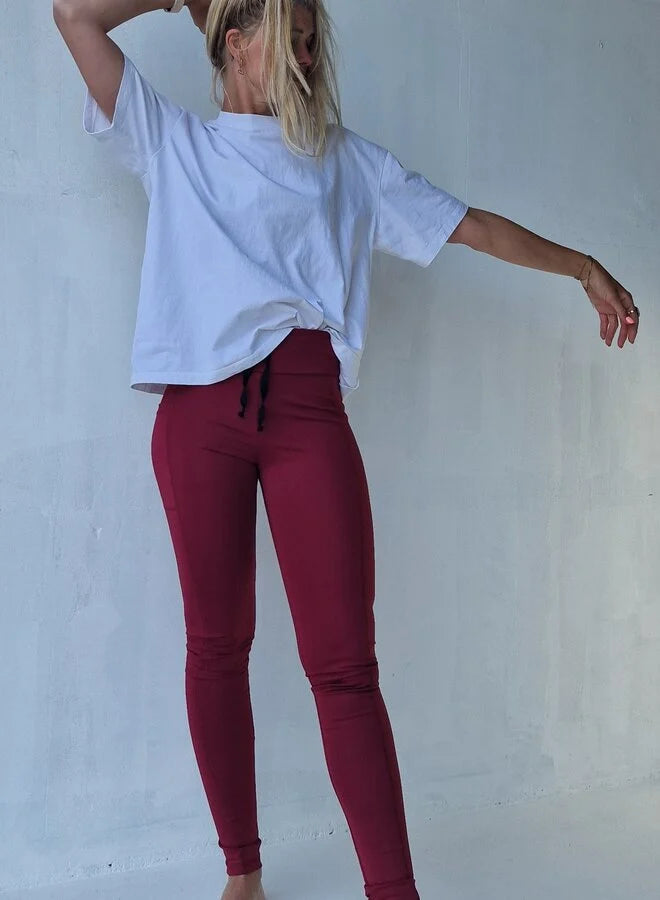 Extra lange Sportleggings | Steekzak &amp; Koordje | wijnrood | groß | Längenmaß 32, 34 und 36